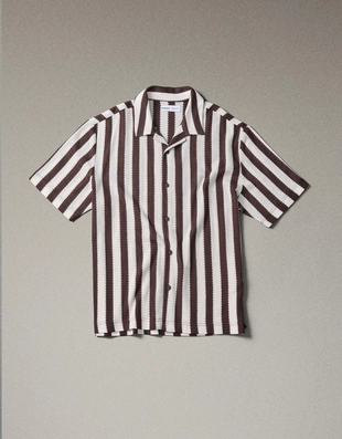 Полосатая рубашка в стиле рустик с короткими рукавами- Заказать в России