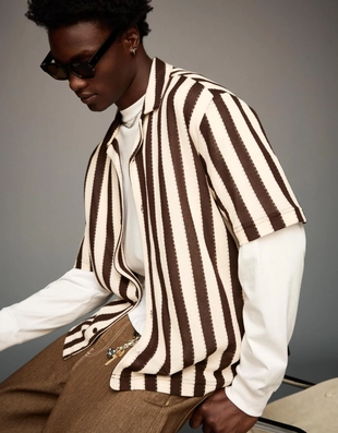 Полосатая рубашка в стиле рустик с короткими рукавами- Заказать в России