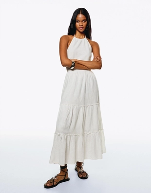 Платье миди с горловиной халтер и оборками- Заказать в России