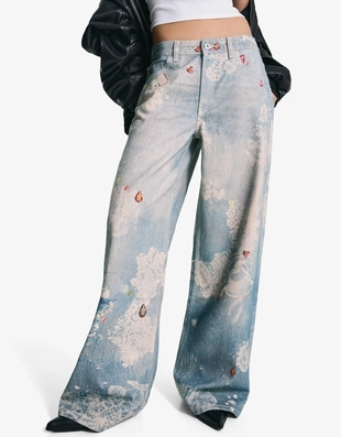 Blue|5028/156 - Bershka Широкие джинсы с принтом
