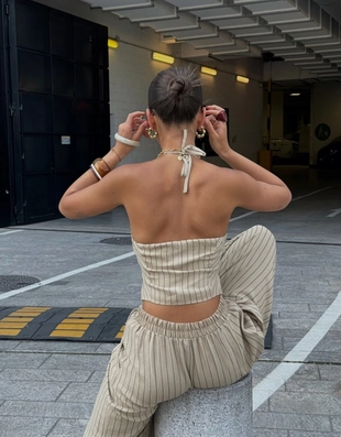 Camel|0122/741 - Bershka Брюки BALLOON из смесового льна с защипами