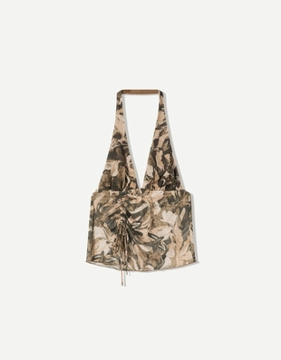 Топ из полупрозрачной ткани с горловиной халтер, принтом и сборкой- Заказать в России