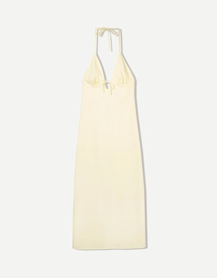 Купить Bershka Платье миди из смесового льна с горловиной халтер и завязками