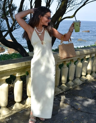 Yellow|0747/028 - Bershka Платье миди из смесового льна с горловиной халтер и завязками