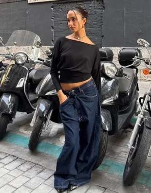 Джинсы с широкими штанинами с поясом на запахе- Заказать в России