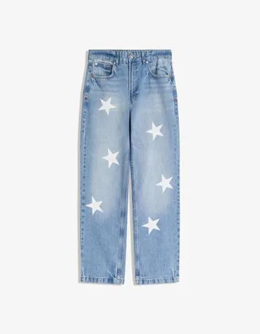 Джинсы прямого кроя с принтом- Заказать в России