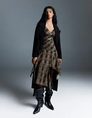 Платье миди на бретелях из полупрозрачной ткани в клетку