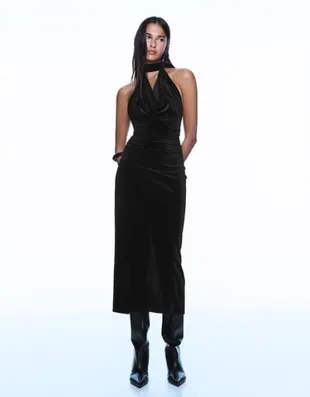 Платье миди из бархата с драпировкой- Заказать в России