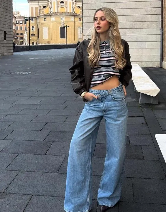 Джинсы с широкими штанинами и поясом на запахе- Заказать в России