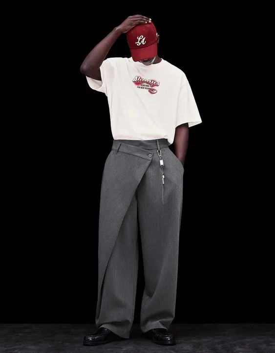 Tailored fit trousers with crossover waist- Заказать в России