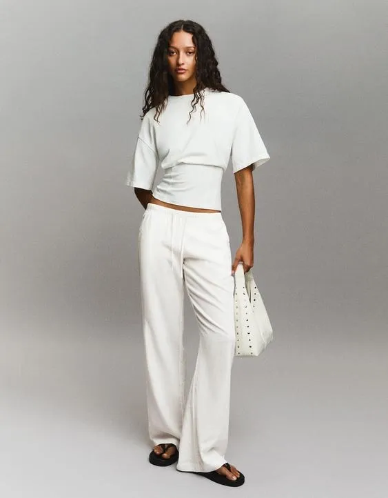 Брюки из смесового льна с эластичным поясом- Заказать в России