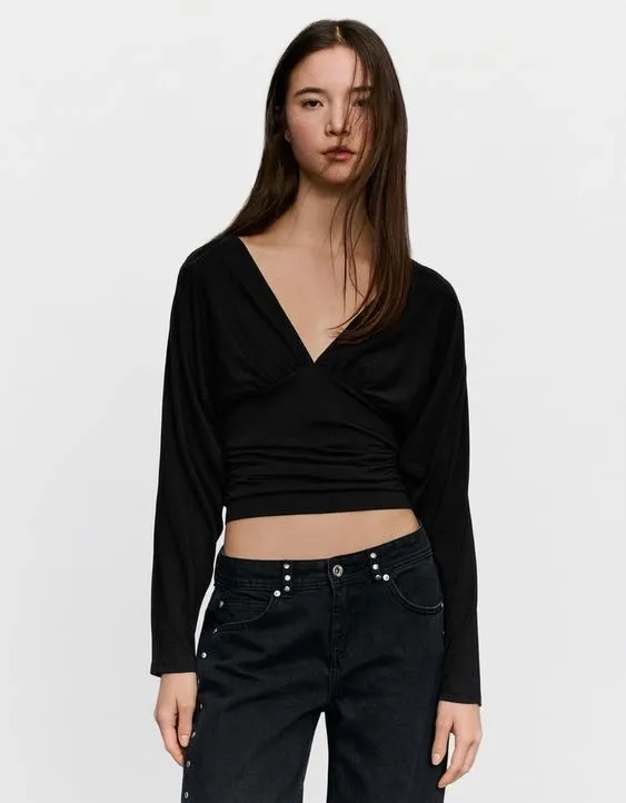 Футболка с длинными рукавами и сборками- Заказать в России