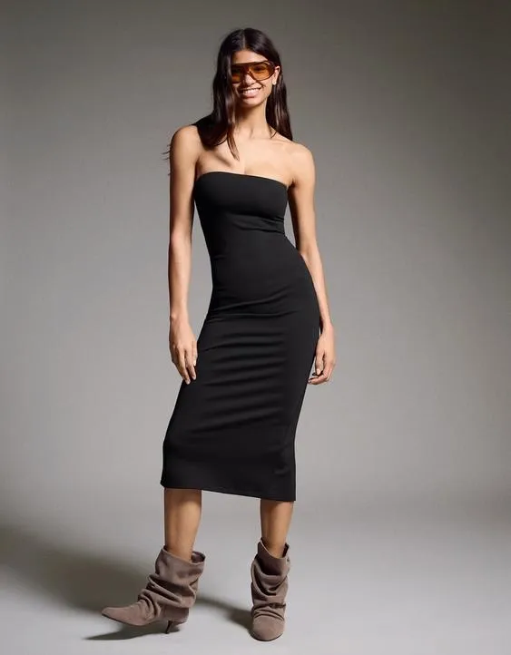 Вязаное платье миди с открытыми плечами- Заказать в России