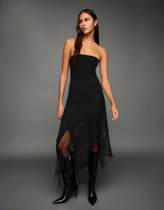 Асимметричное кружевное платье миди бандо из полупрозрачной ткани- Заказать в России