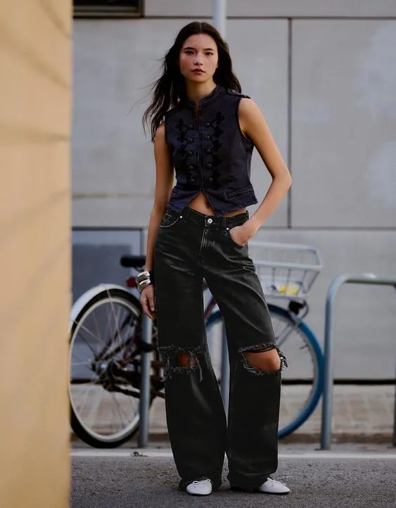 Джинсы с широкими штанинами, высокой посадкой и разрезами- Заказать в России