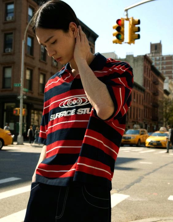 Bershka Поло с короткими рукавами, в полоску и с вышивкой