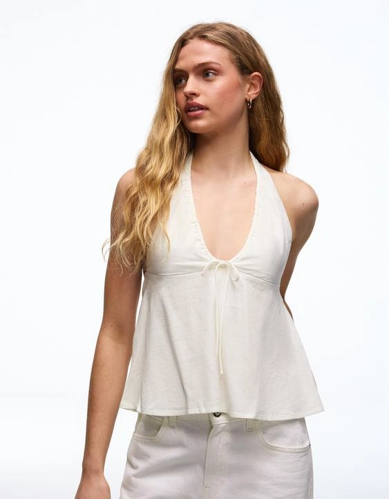 Bershka Топ из льна с завязками и горловиной халтер