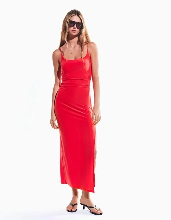 Платье миди на бретелях со сборками- Заказать в России