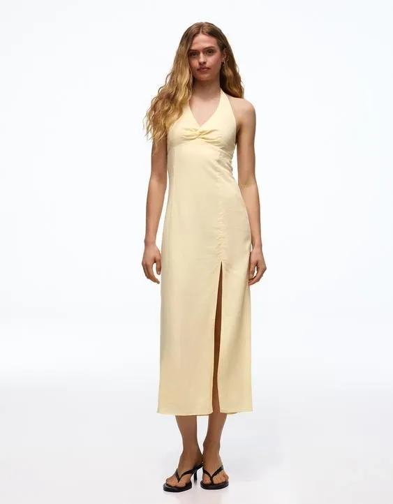 Bershka Платье миди из льна с горловиной халтер