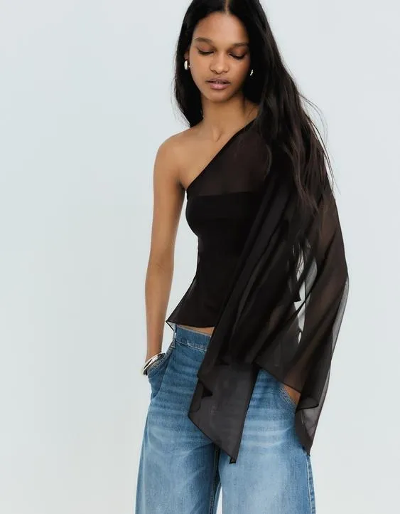 Асимметричный топ из полупрозрачной ткани- Заказать в России