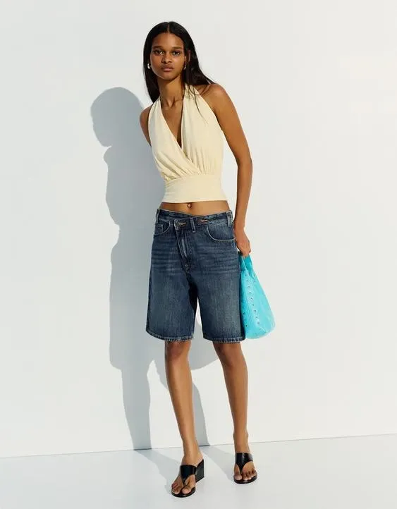 Джинсовые шорты с запахом на поясе- Заказать в России