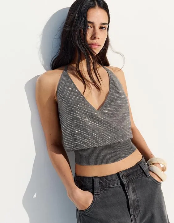 Топ с горловиной халтер с блеском- Заказать в России