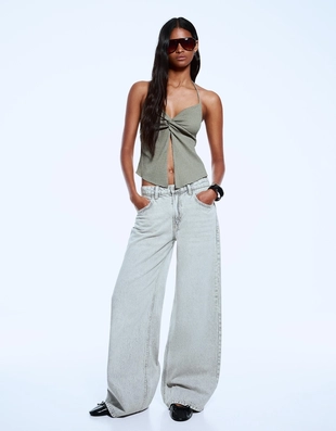 Green|8701/360 - Bershka Топ из рельефной ткани с горловиной халтер и узлом