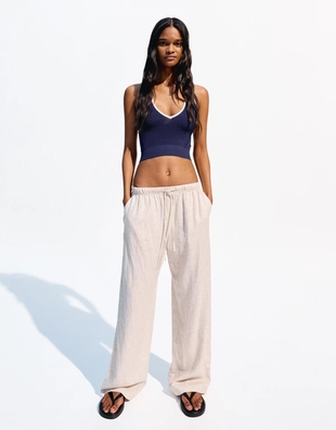 Брюки из смесового льна с эластичным поясом- Заказать в России