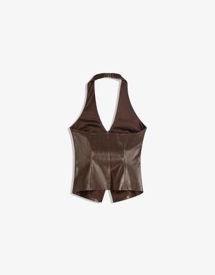 Топ из искусственной кожи с горловиной халтер и молнией- Заказать в России