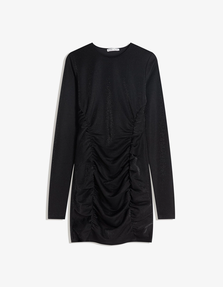 Мини-платье с длинными рукавами, сборками и блестящим эффектом