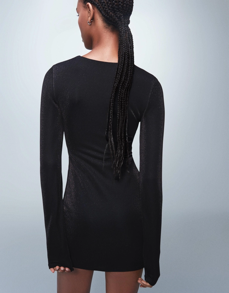 Мини-платье с длинными рукавами, сборками и блестящим эффектом