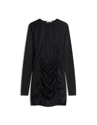 Мини-платье с длинными рукавами, сборками и блестящим эффектом- Заказать в России