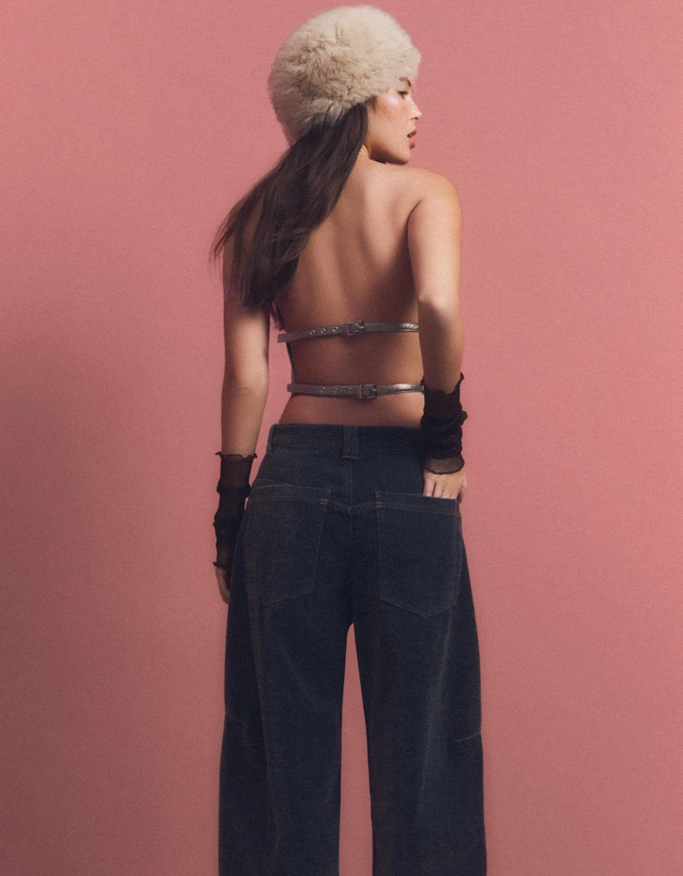 Топ с горловиной халтер из искусственной кожи