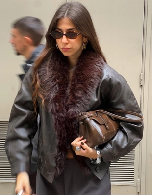 Куртка из искусственной кожи с меховым воротником- Заказать в России