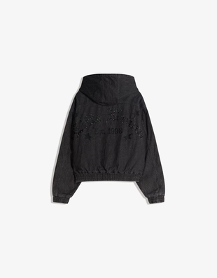 Джинсовая куртка-бомбер с капюшоном и заклепками- Заказать в России