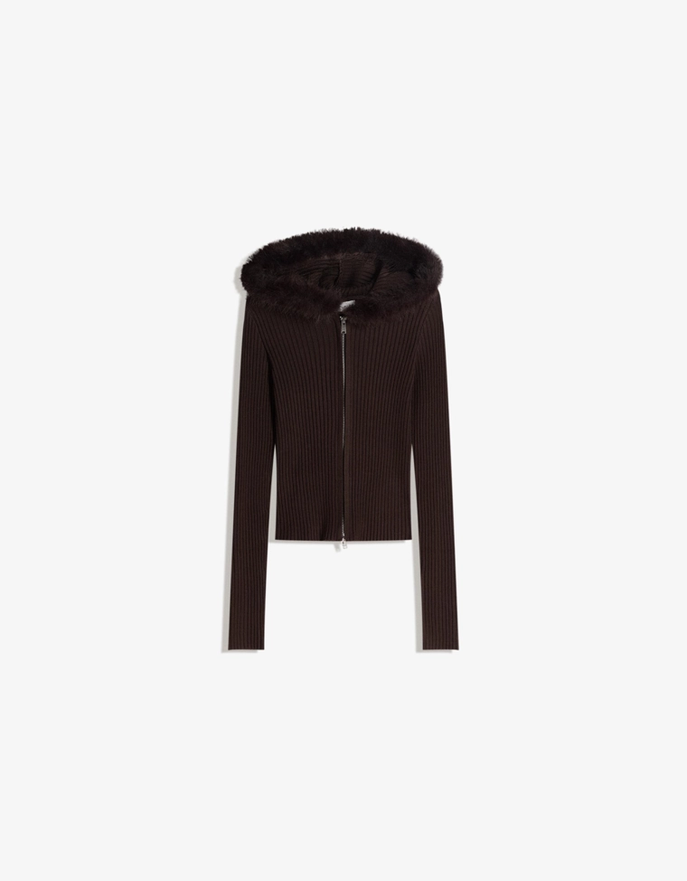 Вязаный кардиган на молнии с капюшоном из искусственного меха