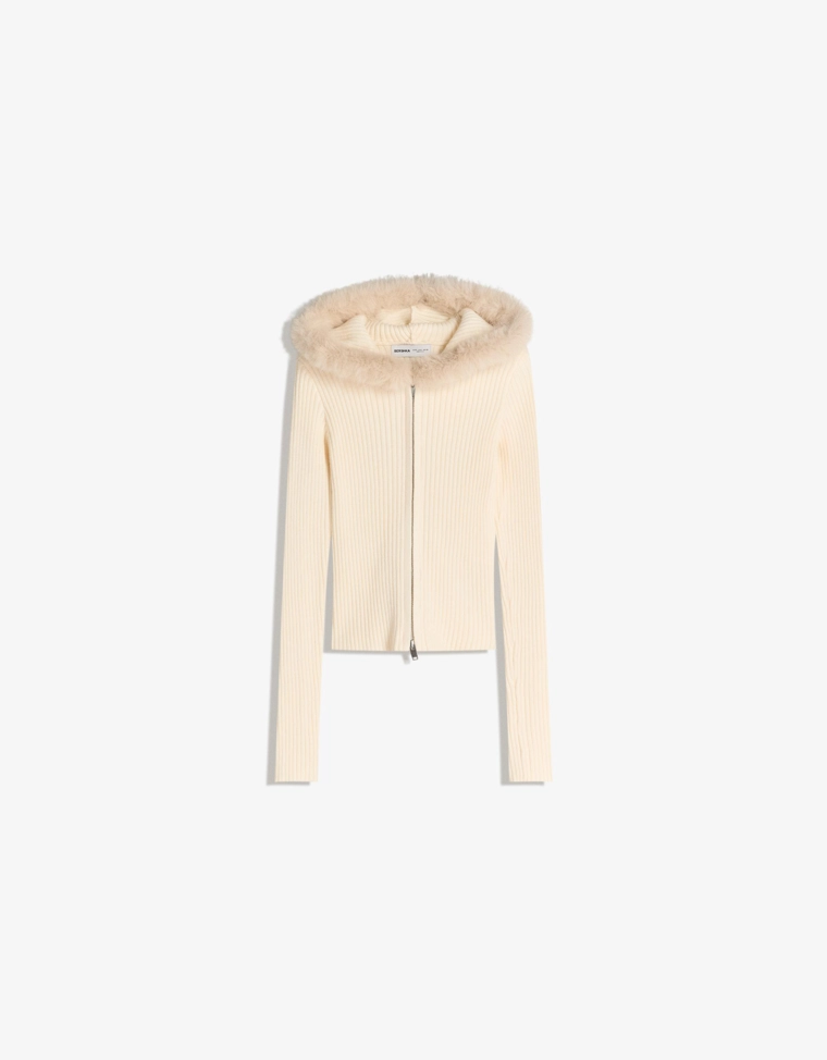 Вязаный кардиган на молнии с капюшоном из искусственного меха