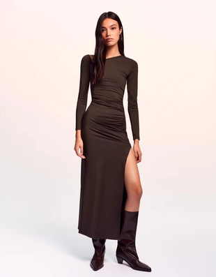 Платье миди асимметричного кроя с длинными рукавами- Заказать в России