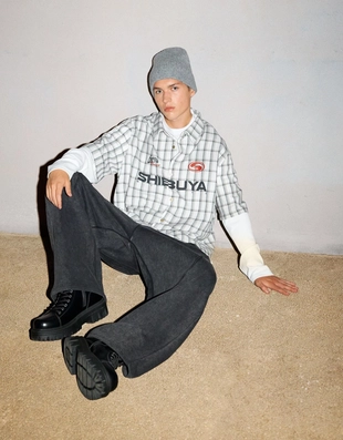 Рубашка свободного кроя в клетку с двойными рукавами- Заказать в России