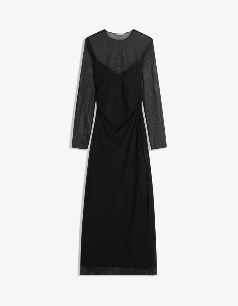 Платье миди из полупрозрачной ткани с длинными рукавами