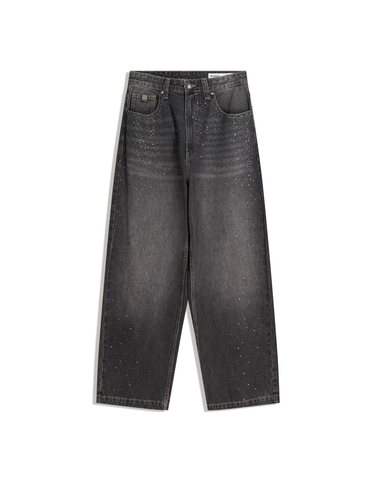 Джинсы свободного кроя со стразами и цифровым фильтром