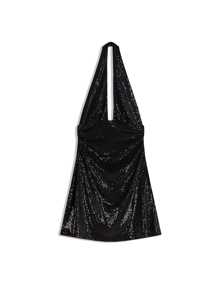 Мини-платье из блестящей ткани со сборками и горловиной халтер