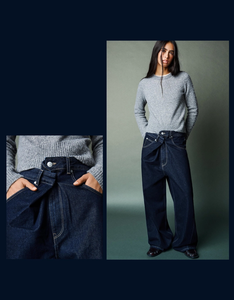 Джинсы с широкими штанинами с поясом на запахе