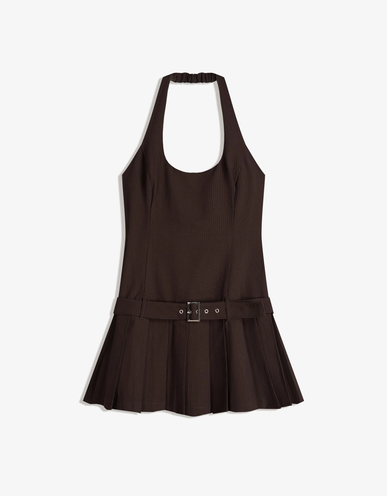 Мини-платье с горловиной халтер и поясом