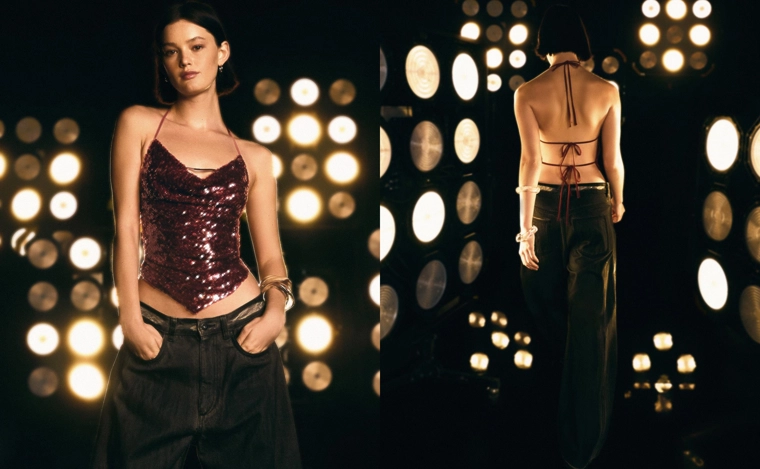 Топ с горловиной халтер, драпировкой и пайетками