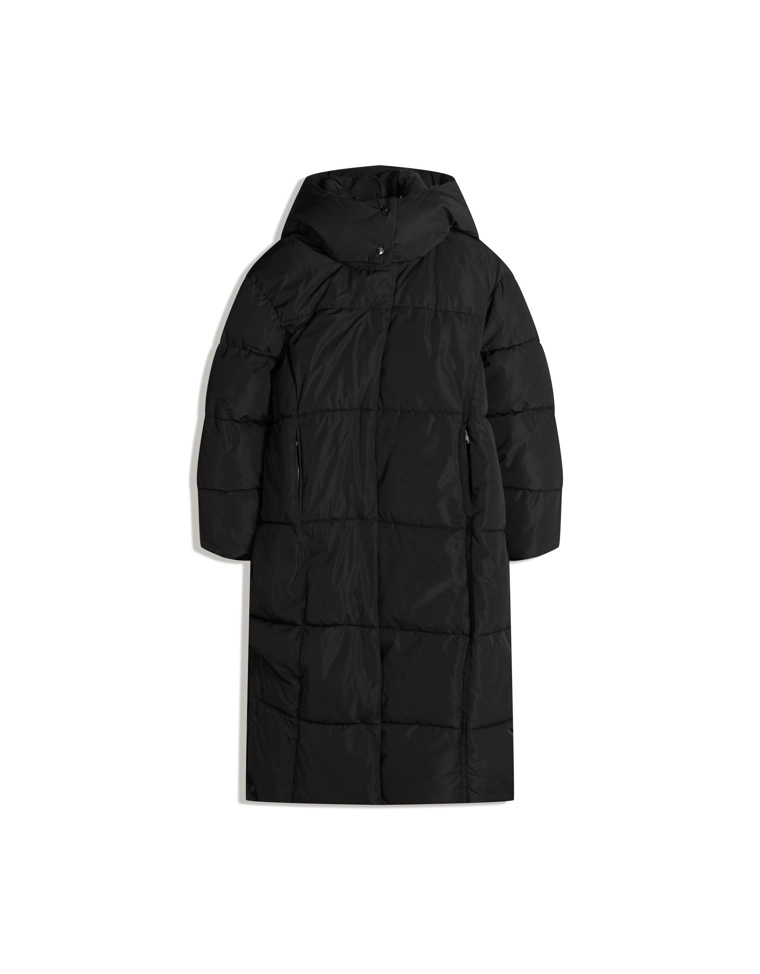 Длинный пуховик с капюшоном из водоотталкивающей ткани
