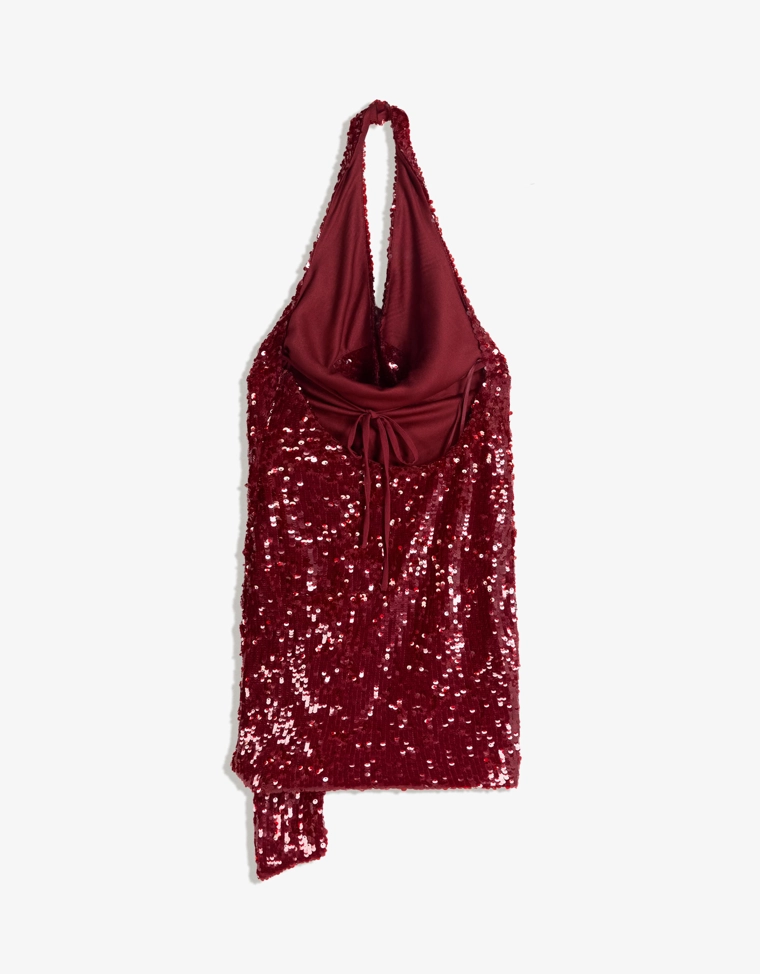 Мини-платье с горловиной халтер, драпировкой и пайетками