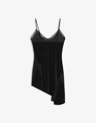 Мини-платье из бархата асимметричного кроя с кружевом- Заказать в России