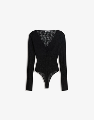 Боди с кружевом и длинными рукавами- Заказать в России