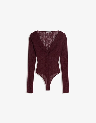 Burgundy|1169/360 - Bershka Боди с кружевом и длинными рукавами